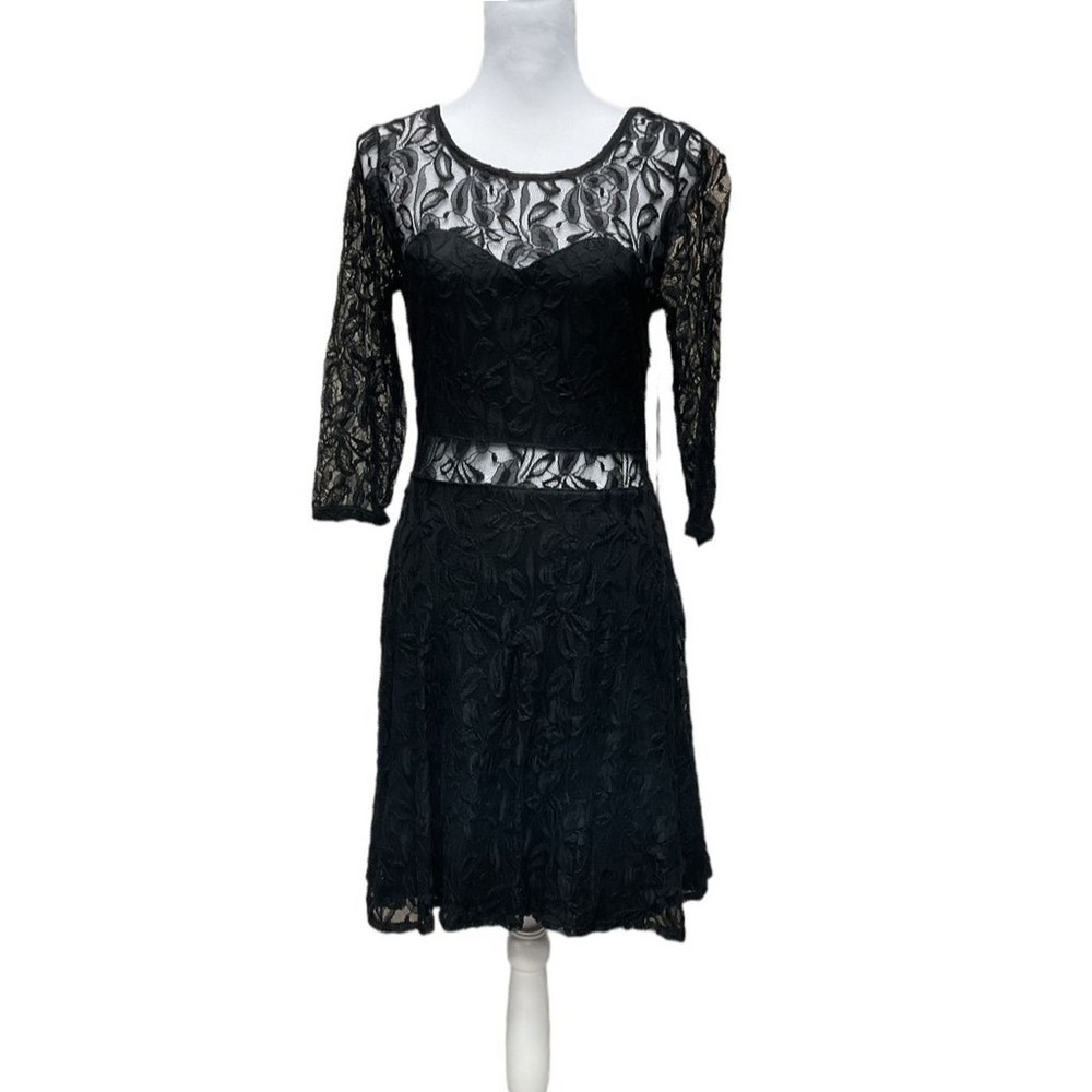 Almost Famous Women's L Black Lace Skater Knee-Length Sheer Dress Size L Dainty